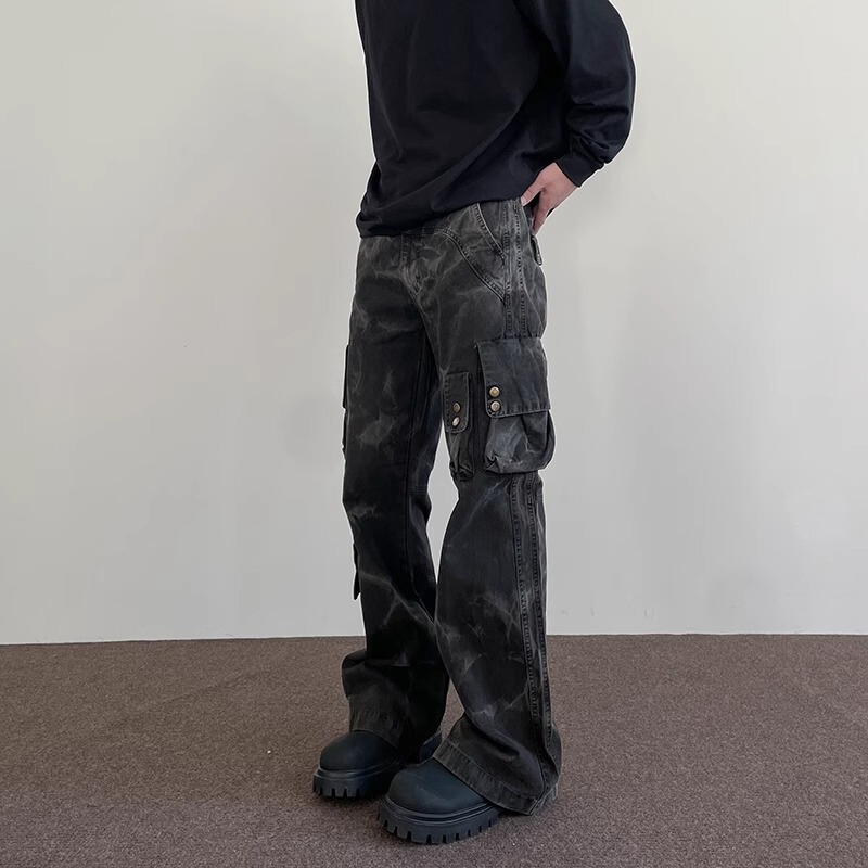 Washed Workwear Jeans for Men, Straight-Leg Loose American High Street Pants, Trendy Brand, Handsome Multi-Pocket Design Trousers