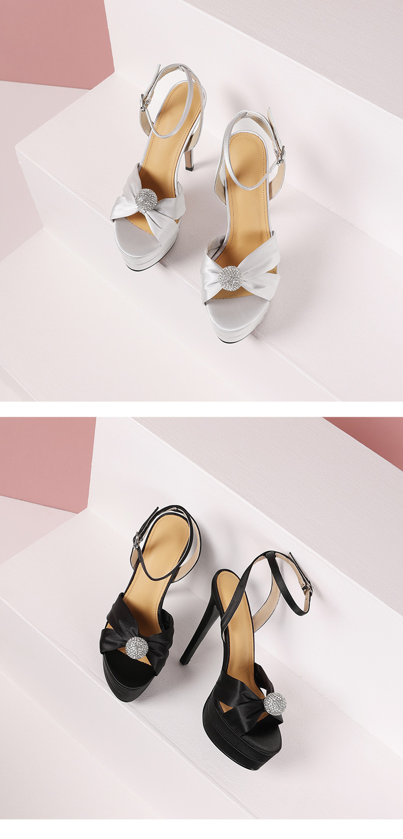 Sandal cao gót nữ satin quai ngang gót nhọn đính đá 13 cm — Màu đen chi tiết 19