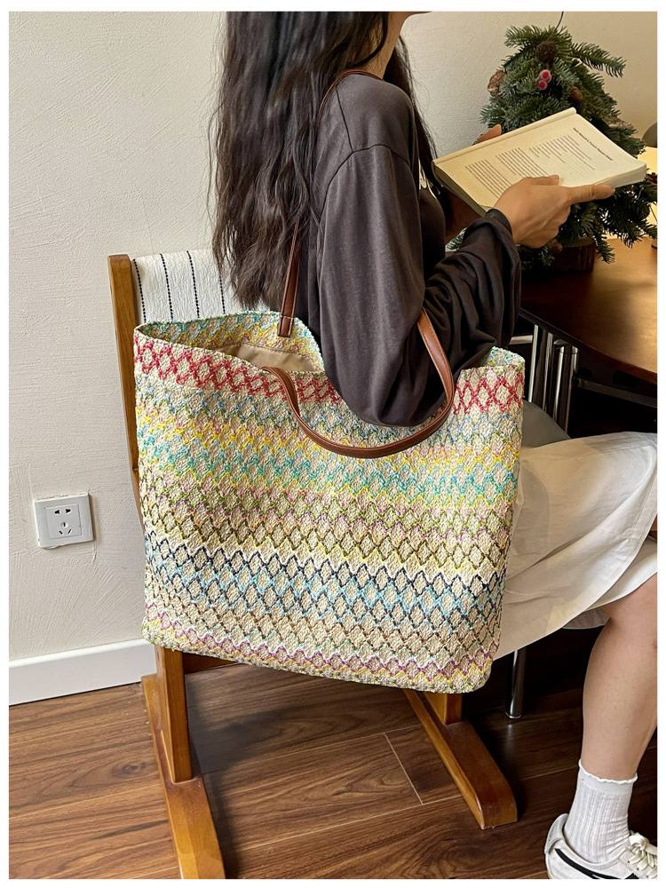 Women's Large Woven Tote Bag Shoulder Bag With Contrast Texture_voghion.com
