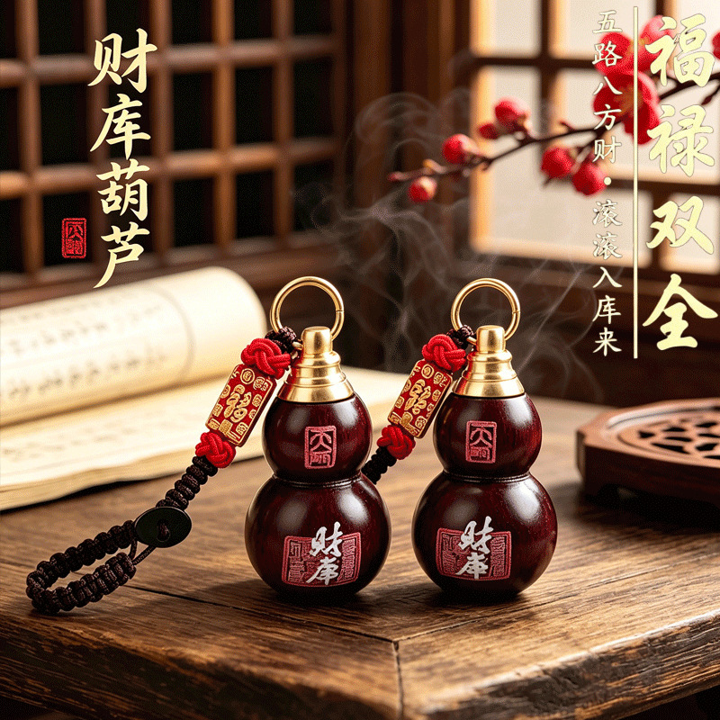 一件代发八方入库木纹葫芦七粒米顶配复古财纹吊牌红结平安钥匙扣