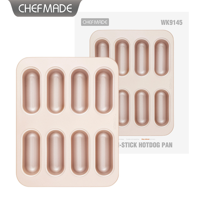 学厨 金色8连不粘热狗模烤盘椭圆长条面包模 家用烘焙模具烤箱用