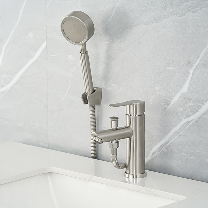 Wholesale 304 stainless steel brushed cold and hot pressure mixing shower faucet with shower head, single hole pull-up basin bathroom sink.