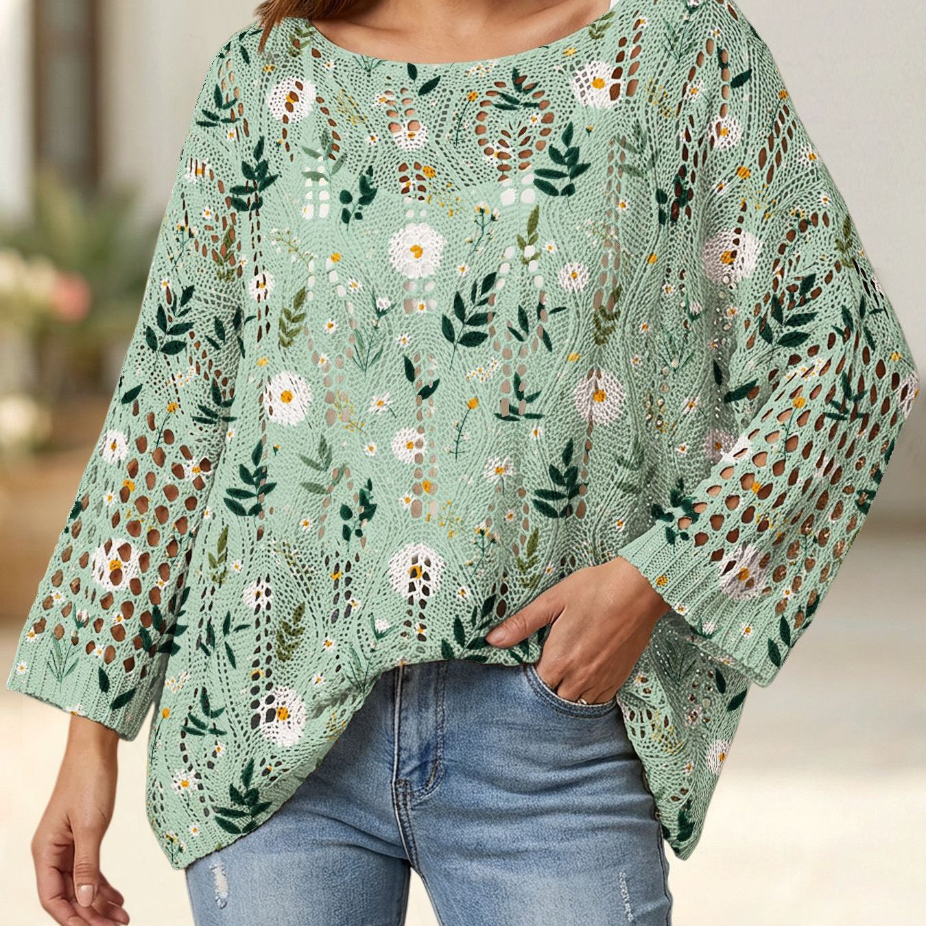 Amazon European and American Cross-Border Spring and Summer New Casual Loose Tops with 5-Quarter Sleeves, Printed Large Size Round Neck Hollow-Out Blouse