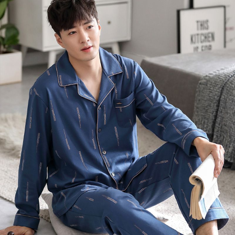 5A Antibacterial Men's Pajamas Men's Spring and Autum New Autum Pure Cotton Long-Sleeved Home Clothes Men's Autum and Winter Thin Sets
