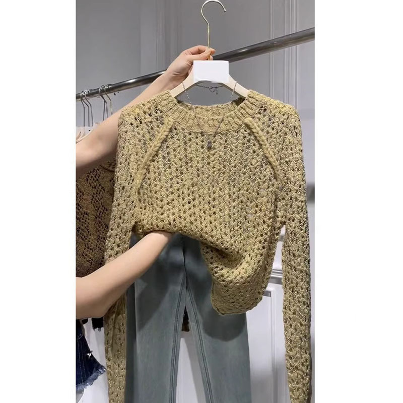 Discount Bargain Niche Minimalist Style Versatile Round Neck Hollow-Out Mohair Sweater for Women, Fashionable for Spring