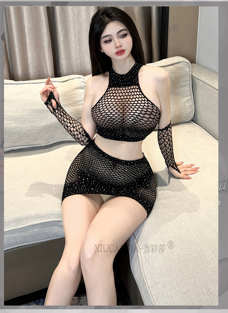 Fishnet Cut-Out Lingerie Set with Rhinestone Detail and Stockings — detail image 15
