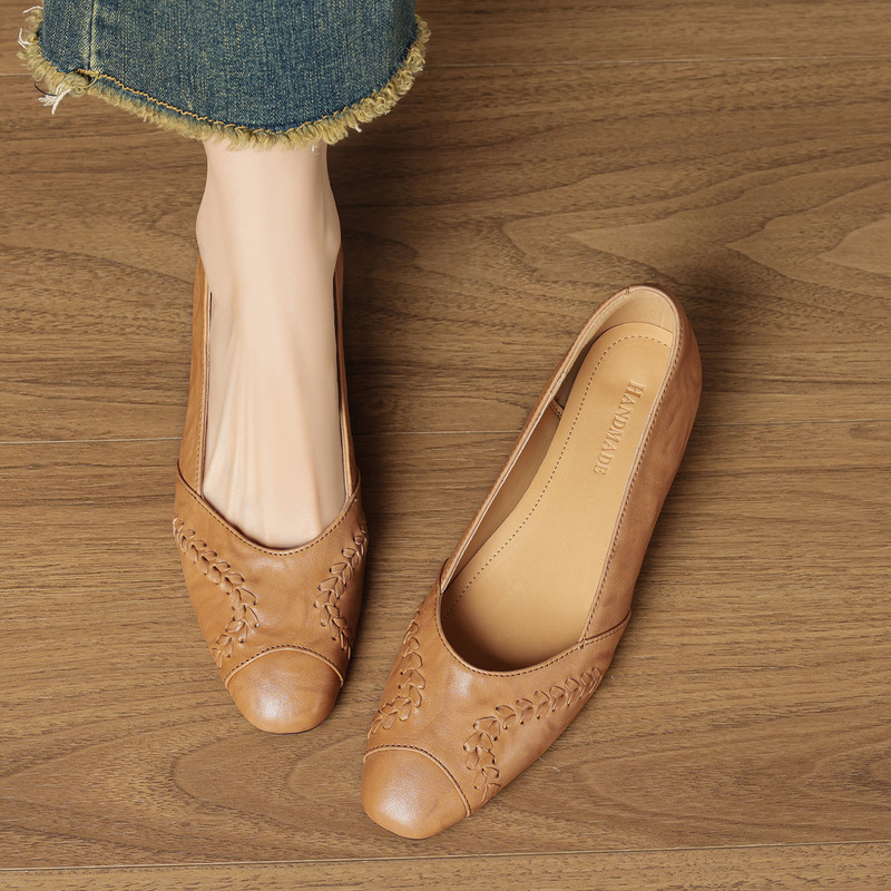 Designer Genuine Leather Handmade Lace-Up Round-Toe Shallow Mouth Flats New Versatile All-Season Commuting Style Chunky Mid-Heel Women's Shoes