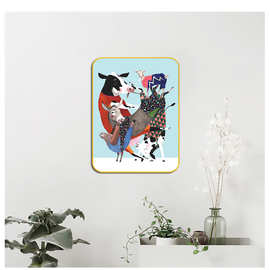 北欧餐厅装饰画创意椭圆形晶瓷画动物小猫植物花卉饭厅挂画代发货