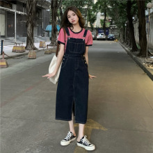 春夏季新款韩版高腰宽松开叉中长款牛仔背带裙百搭休闲a字连衣裙