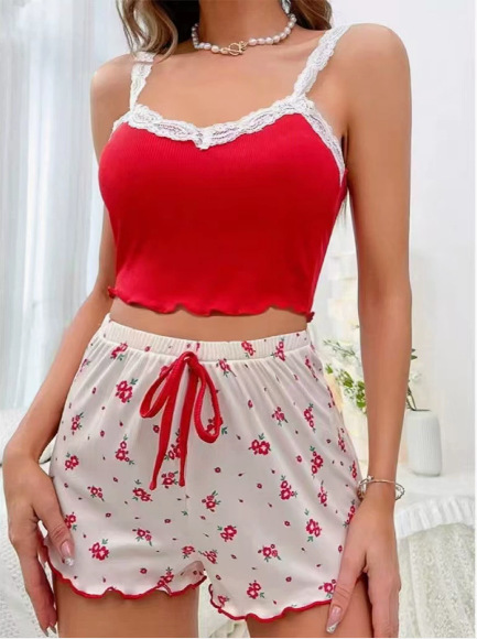 Traje de pantalones cortos de tirantes de encaje de servicio a domicilio transfronterizo europeo y americano