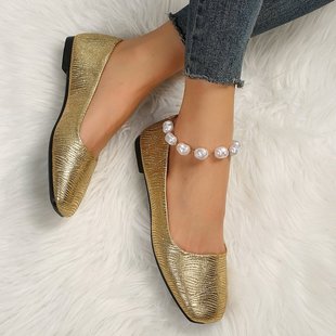 Spring and Summer 2024 New Flat Shallow Mouth Cross-border Soft Bottom Bright Leather Metallic Single-layer Shoes for Women