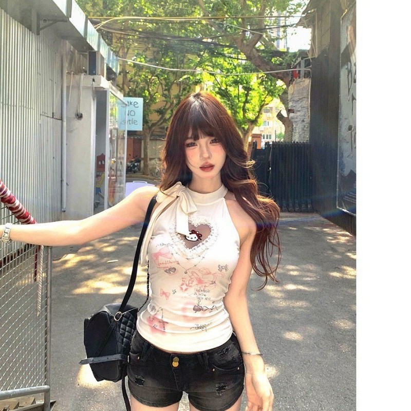 66016#美式印花一字肩背心围脖T恤女夏季甜酷辣妹显瘦修身短款|undefined