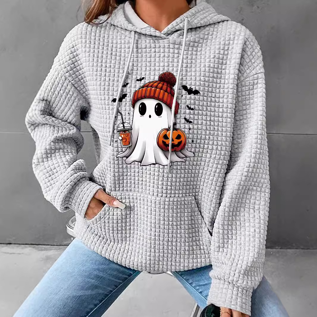 Sudadera de manga larga con capucha tipo gofre para mujer, estilo otoño/invierno, con estampado de Halloween, corte holgado, talla europea._voghion.com
