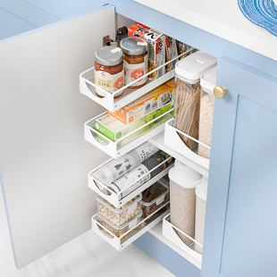Kitchen Pull-Out Drawer Storage Rack, No-Drill Narrow Cabinet Side-Mounted Spice Basket, Slide Rail Cabinet Under-Sink Storage Box