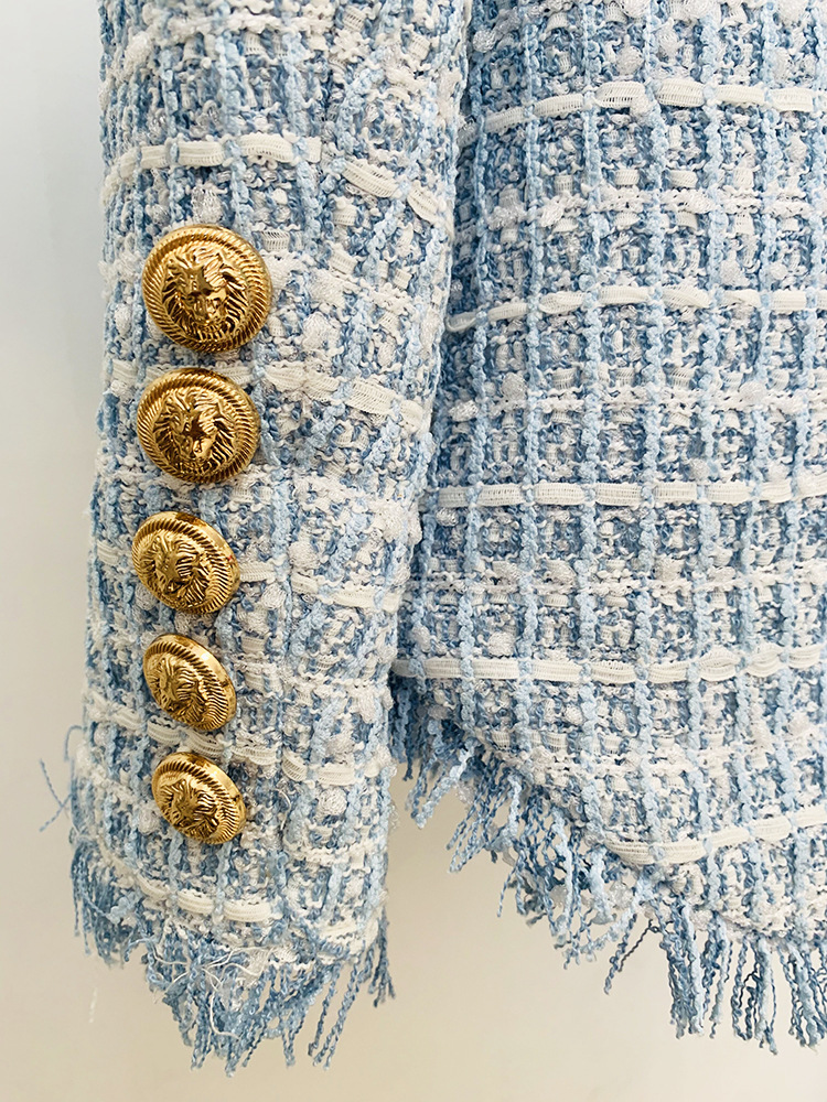 Damenbekleidung Herbst und Winter Zweireihige Flow Edge Tweed Mittellange Anzugjacke_voghion.com