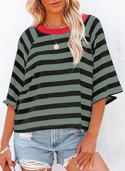 Verano nuevo 2025 transfronterizo Europa y América Amazon rayas de manga corta camiseta de cuello redondo casual suelta camiseta de mujer