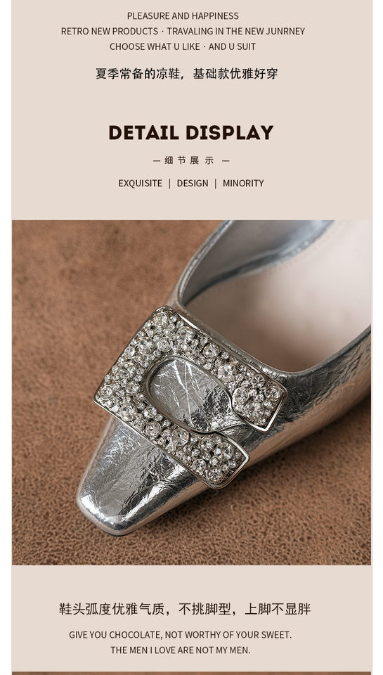 Sandal nữ bít mũi hở gót gót vuông đính đá khóa vuông, gót 3–6 cm — Màu bạc, Màu hồng nhạt, Vàng nhạt chi tiết 5
