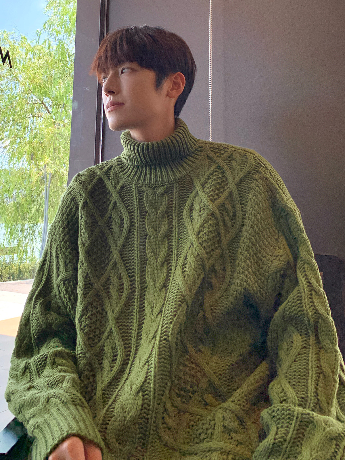 Japanese Style Retro Green Jacquard Turtleneck Sweater Men's Pullover Warm Casual Trendy Brand Trendy Knitted Sweater for Students