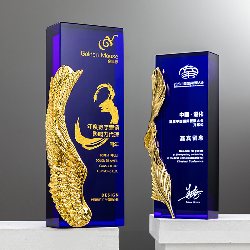 水晶方柱羽毛奖杯新款梦想启航企业年会奖杯支持刻字图案公司logo