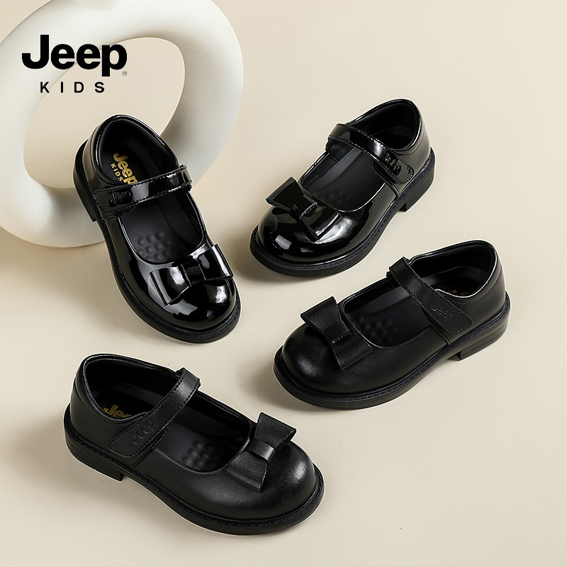 Jeep儿童真皮鞋新款女童公主鞋中大童百搭演出小黑鞋软底防滑童鞋