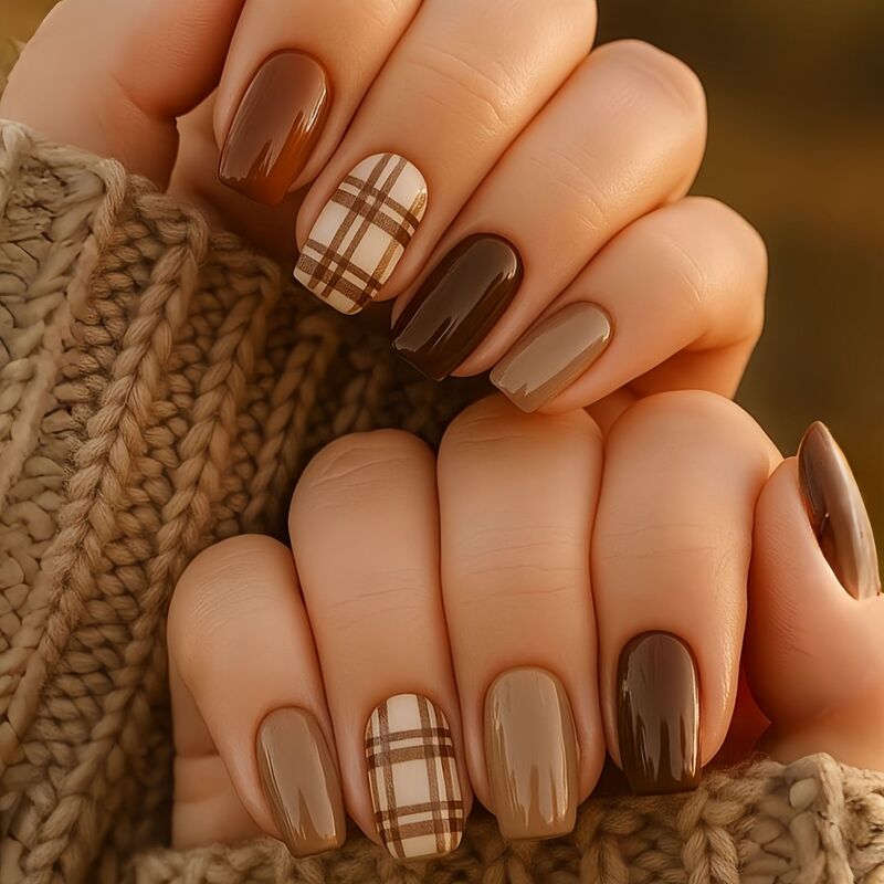 Brown Stripesd Mid-Length European Square Manicure Patch European and American Fashion Manicure Patch Removable Wearable Nail Patch