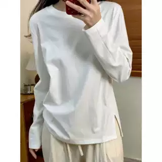 松弛慵懒风纯棉白T恤长袖女春秋季侧开叉设计宽松叠穿打底衫上衣