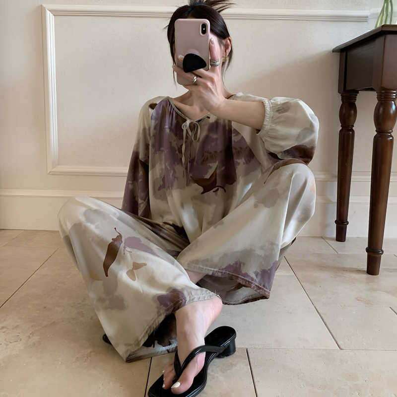 棉绸睡衣家居服慵懒国风睡衣女夏季圆领空调服百搭|undefined