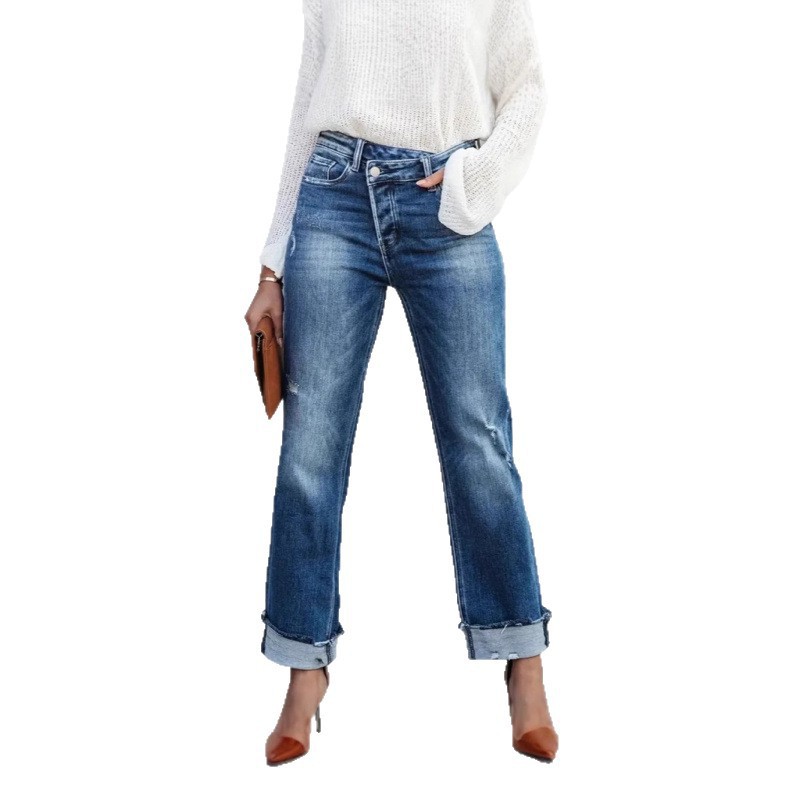 Jeans Rectos para Mujer de Mezclilla de Algodón de Tiro Alto