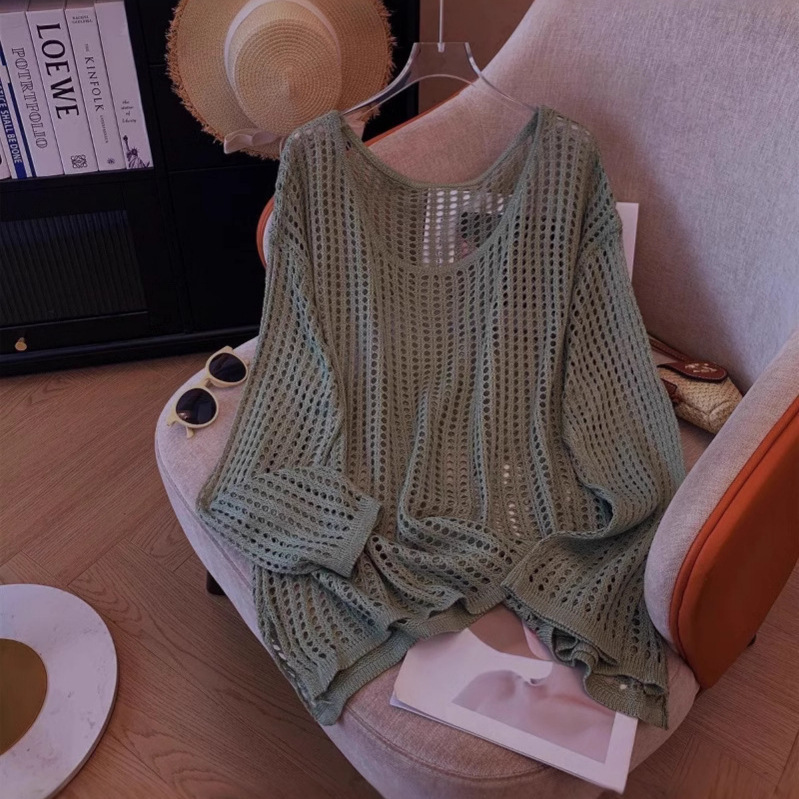 夏季薄款长袖镂空针织衫女慵懒宽松遮肉防晒罩衫圆领设计感上衣女|undefined