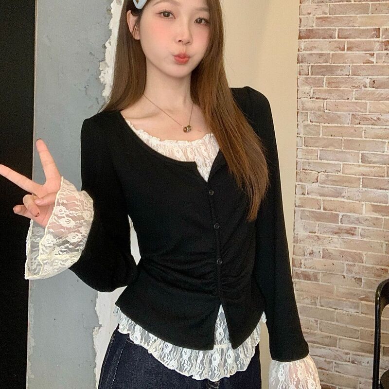 Plus Size Women's Clothing Fat Mm2025 Autum Korean Style Lace Splicing Top Fake Two-Piece Inner Layering Shirt T-Shirt
