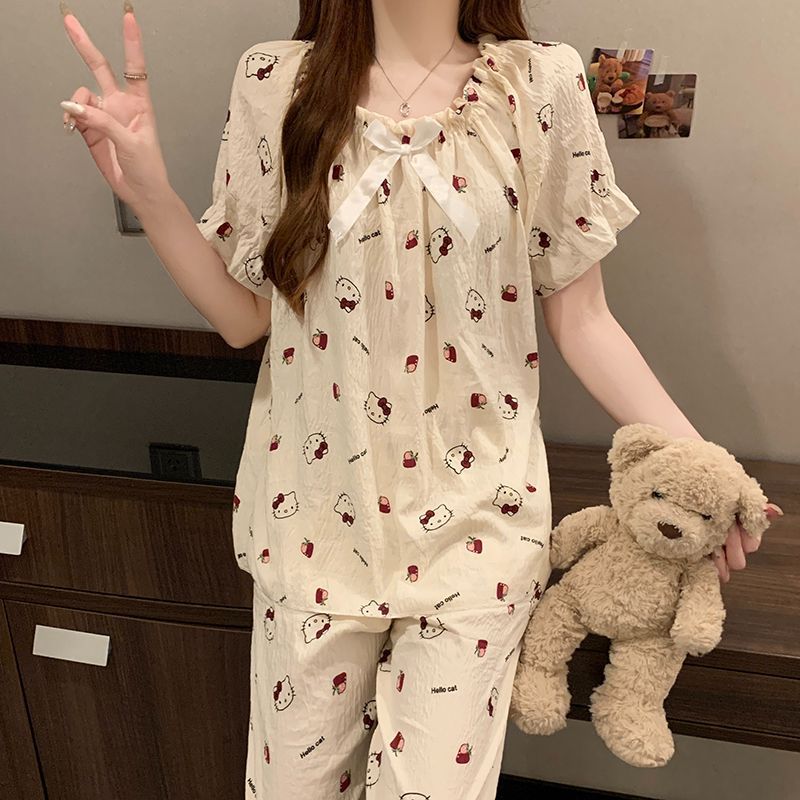 Ladies pajamas pijamas coreanos traje de verano para mujer pantalones de manga corta nube de dibujos animados algodón ropa de hogar se puede usar afuera