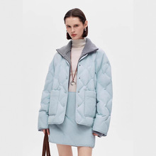 新款现货90白鸭绒假两件拼接高领毛织羽绒服女冬新款宽松保暖外套