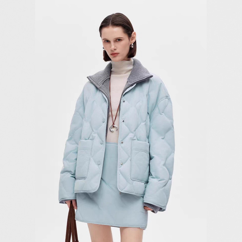 New in Stock 90 White Duck down Fake Two-Piece Spliced ​​High-Neck Woolen down Jacket for Women Winter New Loose Warm Jacket