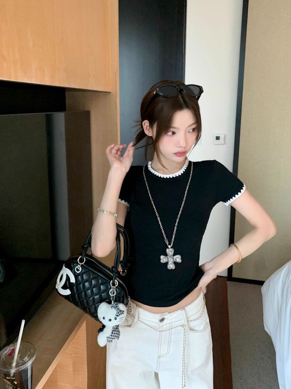 【自家工厂现货】正肩修身T恤撞色刺绣上衣短袖小众女夏|undefined