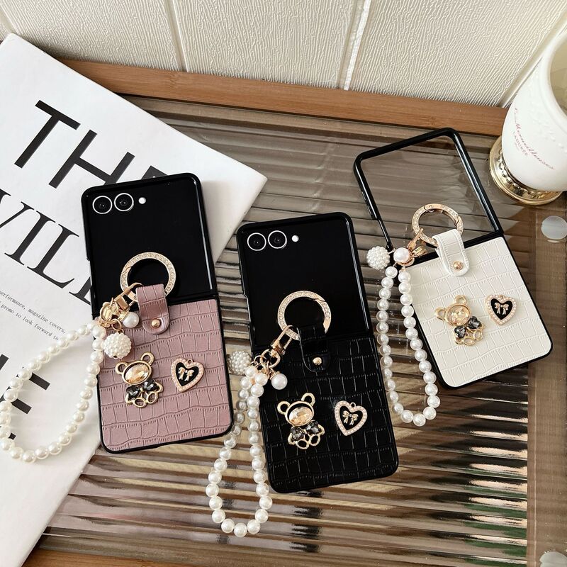 New Model Suitable for Samsung Zflip7 Mobile Phone Case Foldableing Screen Crocodile Leather Pattern Zflip6/5 Bear 4 Ring 3 Hanging Chain