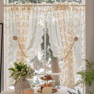 French Pastoral Cream Embroider Gauze Curtain Lace Curtain Ins Style Bedroom Bay Window Punch-Free Kitchen Half Curtain Fragrance