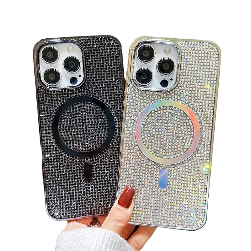 Suitable for iPhone 15 electroplated studded thousand magnetic suction charging Apple 14 luxury sparkling diamond phone_voghion.com