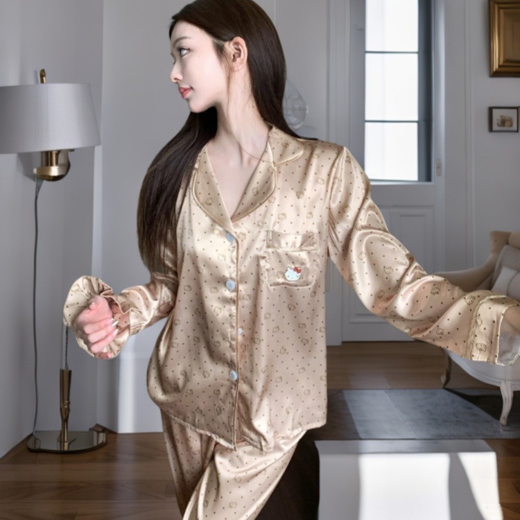 Autumn New Gold Kt Cartoon Student Pajamas Women's French Thin Cute Rich Woman Embroidered Cat Home Clothes