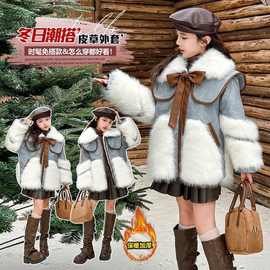 女童加绒蓝色蝴蝶结冬装洋气女孩新年外套拜年服国风加厚皮草棉衣