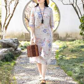 尾单新中式棉麻改良旗袍连衣裙宽松显瘦百搭舒适斜襟纽扣裙子