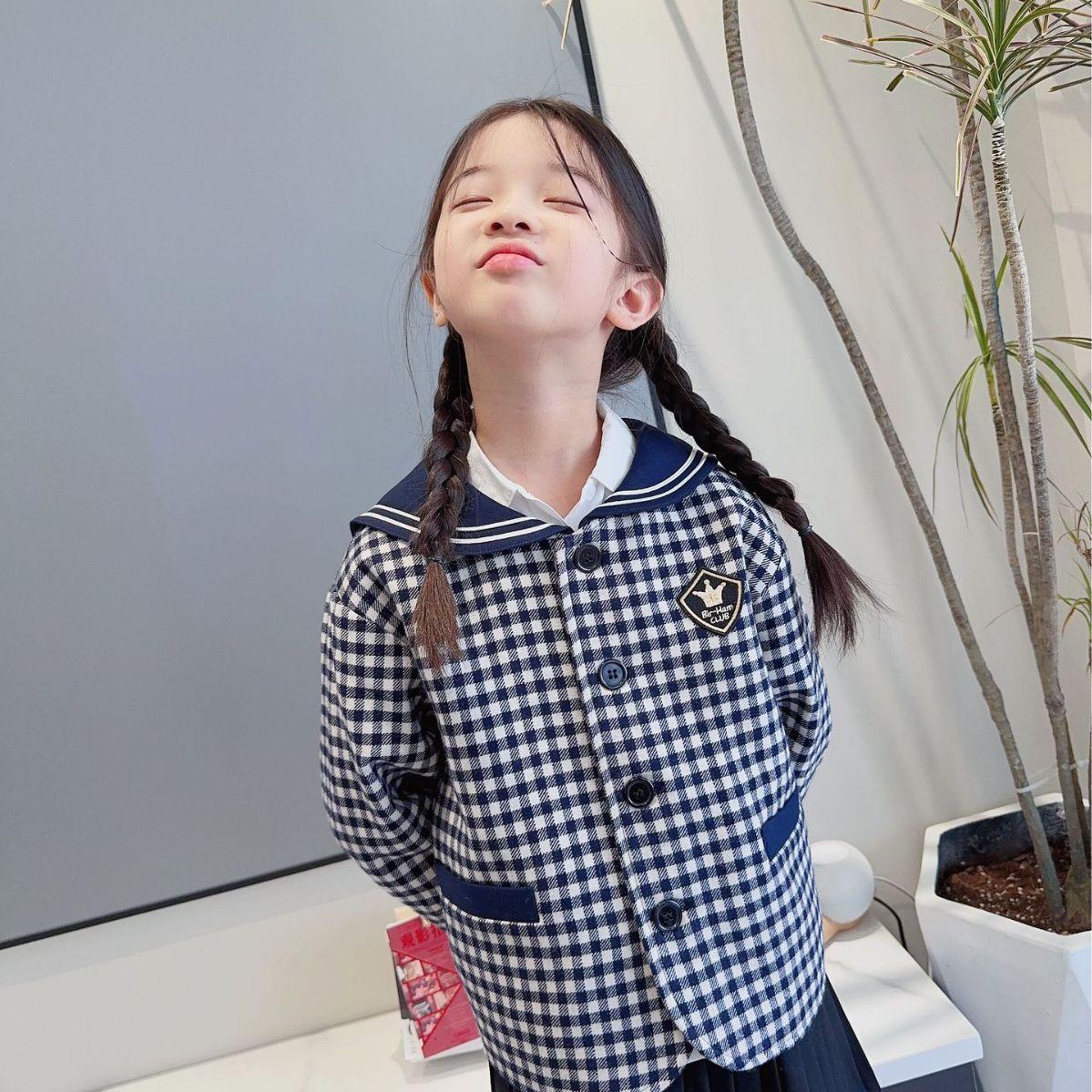 버밍엄 칼리지 해군 코트 호주 울 격자 무늬 해군 칼라 소녀의 배지 코트