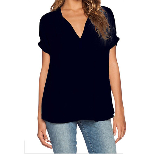 Summer European and American Fashion Women's V-neck Short-sleeve Short Front Long Back Loose Chiffon Shirt Top for Women