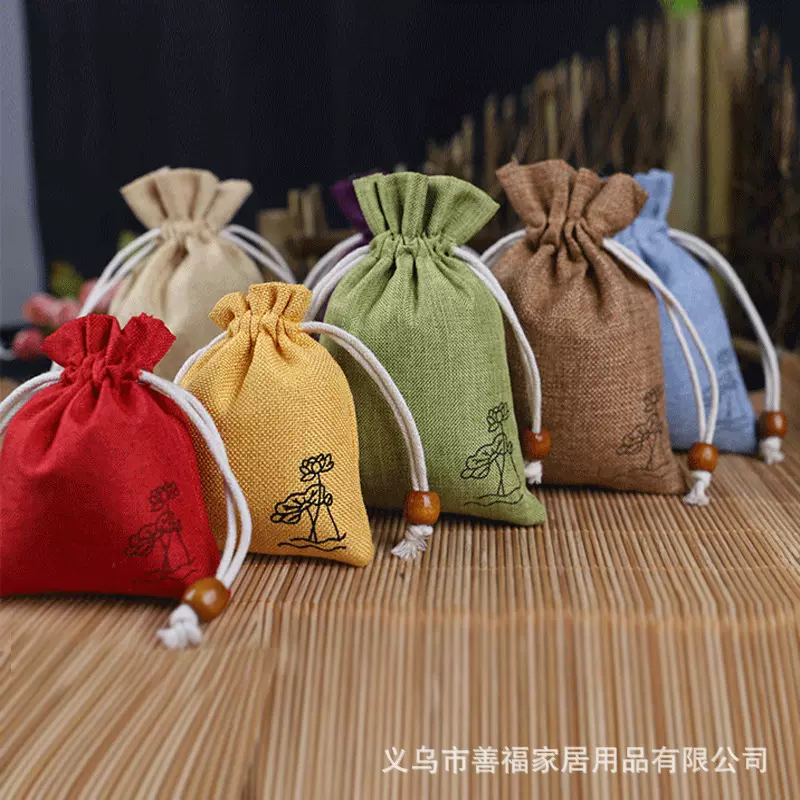 端午节香包布袋香囊空袋仿麻布香袋中草药袋子印荷花束口制定logo