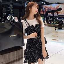 2021夏季韓版新款吊帶連衣裙小個子顯高短袖波點雪紡兩件套短裙裝