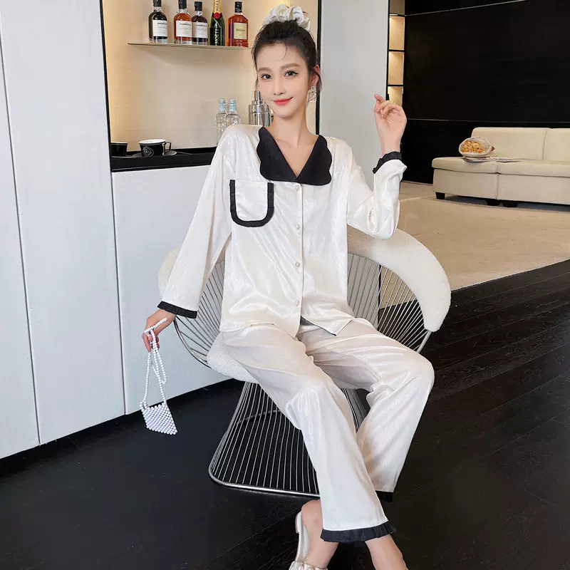 冰丝睡衣女春秋季新款小香风长袖长裤开衫套装网红爆款家居服代发