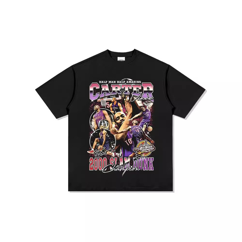 Cross-Border Retro Vince Carter Printed American Short-Sleeved T-Shirt for Men Washed and Distressed Loose Heavy Small Neckline for Men