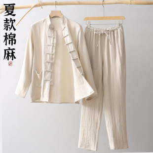 Summer Thin Tang Suit Men's Cotton and Linen Suit Chinese Style Retro Buckle Casual Hanfu Zen Suit Layman's Suit