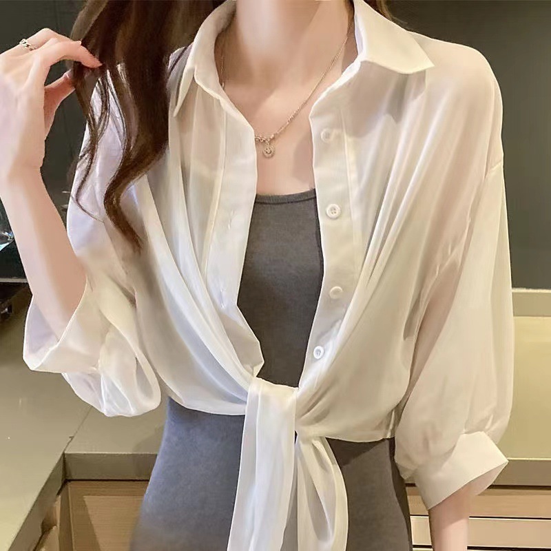 White Sun Protection Shirt for Women Spring and Summer New Design Thin Chiffon Cardigan Shirt Top Suspender Chiffon Jacket