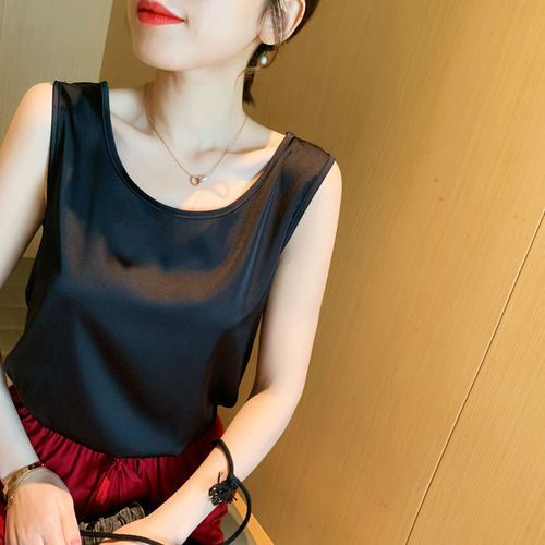 French silk camisole top for women, round neck, base layer, suitable for suits, mulberry silk satin surface, draped, spring summer outerwear, plus size