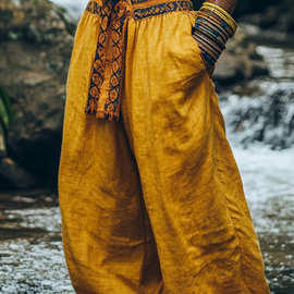 跨境宽松夏季大码民族风灯笼裤纯色休闲裤长裤图片色现货整单中腰